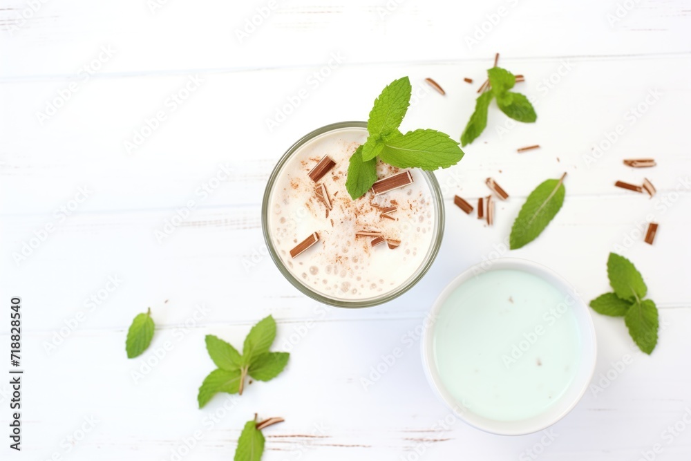 top view of a peppermint mocha beside fresh peppermint leaves on a white table top view of a peppermint mocha beside fresh peppermint leaves on a white table