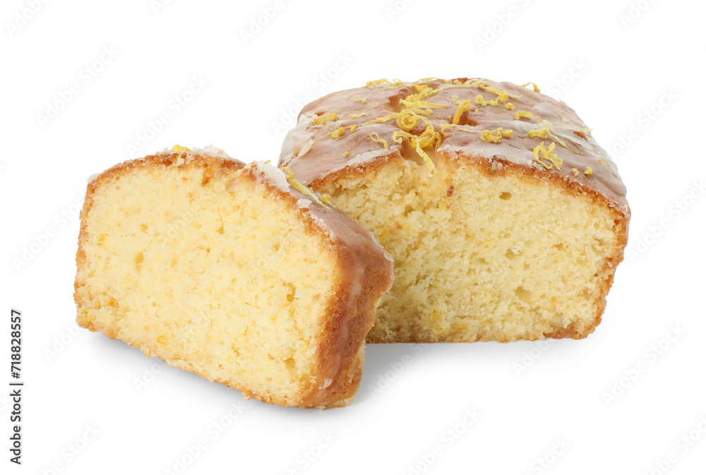 Tasty cut lemon cake with glaze isolated on white