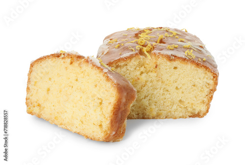 Tasty cut lemon cake with glaze isolated on white