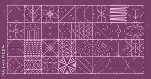 Fototapeta Naklejka Na Ścianę i Meble -  Abstract romantic composition of geometric lines, abstract drawings with heart and plant symbols, retro wallpaper and decoration, banner, poster. Vector illustration.