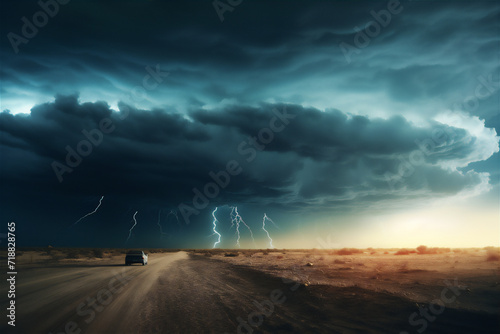 sunset over the road with car and dramatic clouds