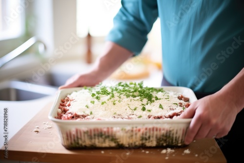 layering a lasagna in a baking dish