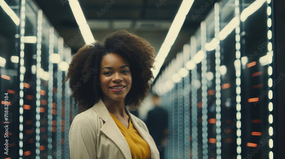 Confident Afro woman smiling in data center with server racks. - obrazy, fototapety, plakaty 
