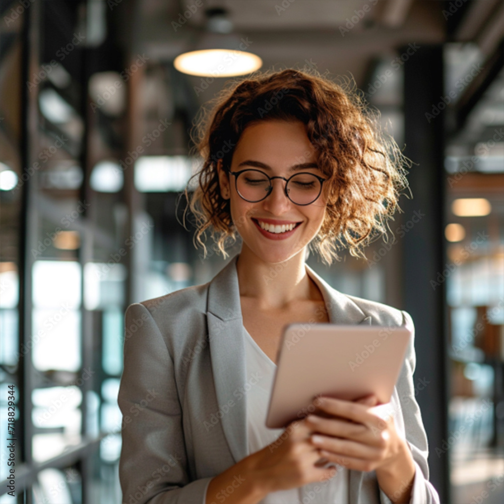 Young happy business woman working with tablet in corporate office ai technology Young happy business woman working with tablet in corporate office ai technology