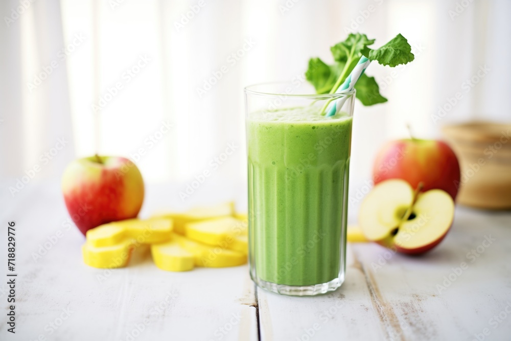 glass of green smoothie with kale leaves and apple slices beside it