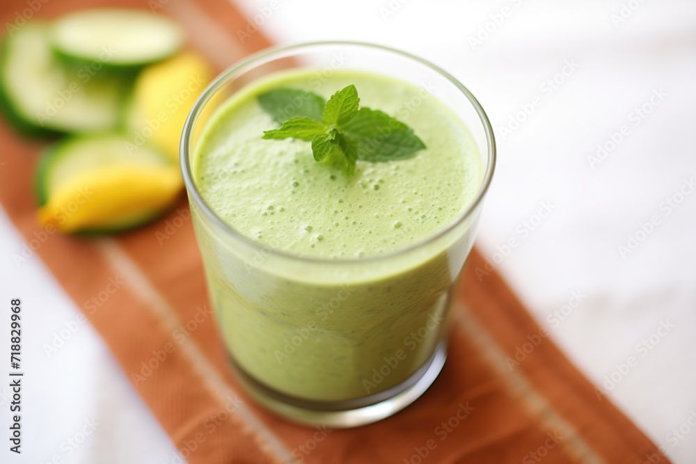 closeup of a green smoothie glass with cucumber and mint garnish closeup of a green smoothie glass with cucumber and mint garnish