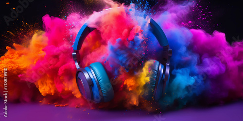 Headphone and vivid color powder on black background, Music concept