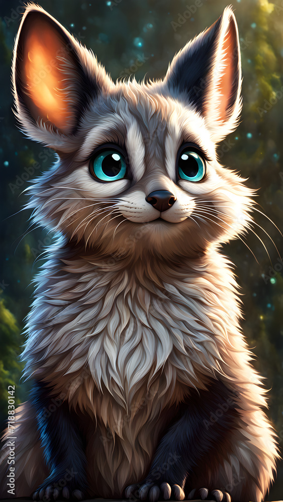 Obraz premium Cute little puffy animal in the magical forest