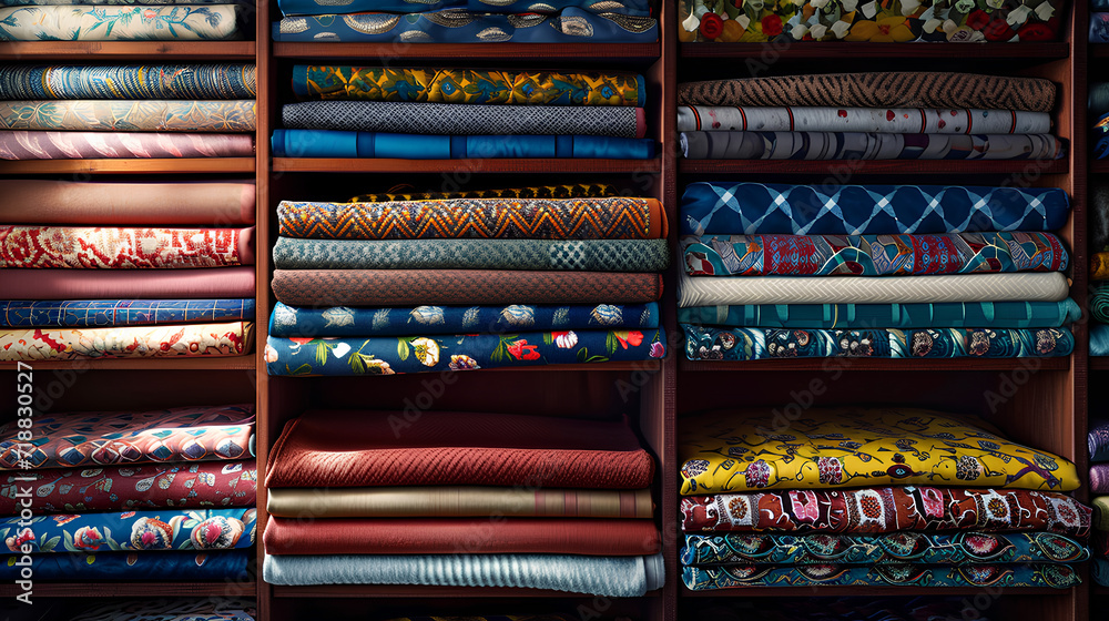 A huge collection of fabric sitting folded neatly in a wardrobe