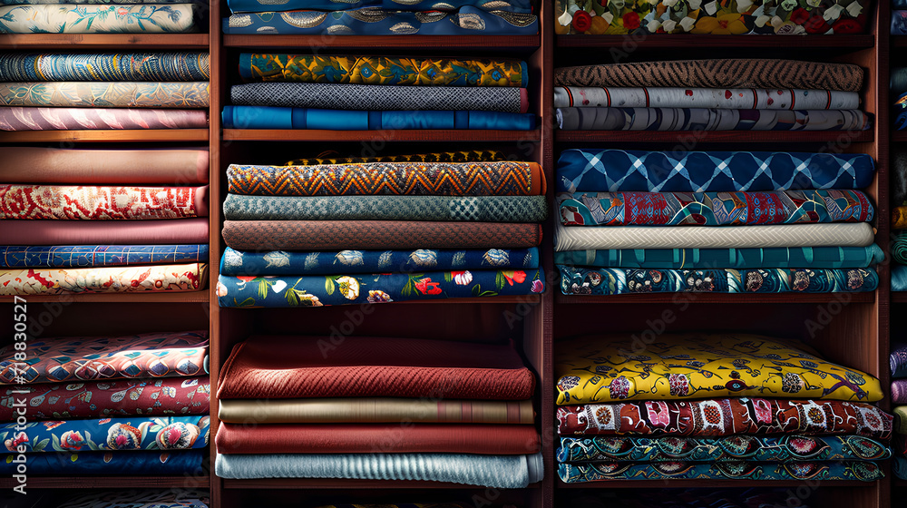 A huge collection of fabric sitting folded neatly in a wardrobe A huge collection of fabric sitting folded neatly in a wardrobe