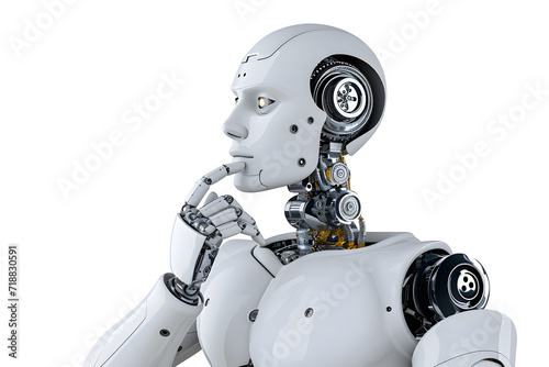 Photo of white detailed robot simulating a thought process on white background. Technological concept