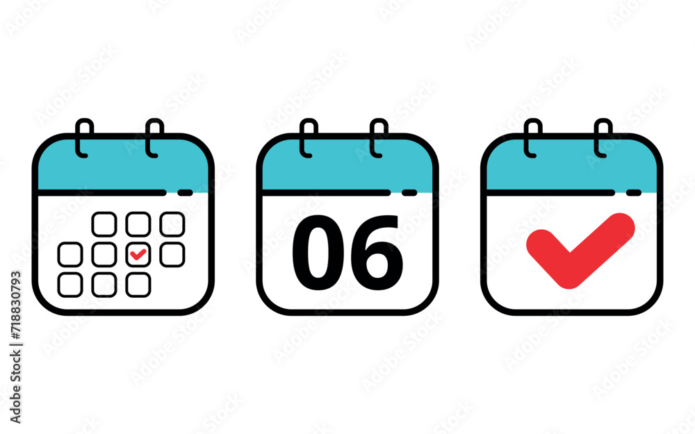 Three calendar icons in different formats. Calendar flat icons for sits blogs and graphic resources. Calendar with a specific day marked, day 06. Three calendar icons in different formats. Calendar flat icons for sits blogs and graphic resources. Calendar with a specific day marked, day 06.