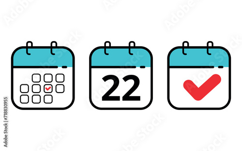 Three calendar icons in different formats. Calendar flat icons for sits blogs and graphic resources. Calendar with a specific day marked, day 22. photo