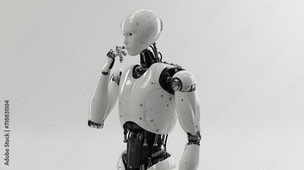 Photo of white detailed robot simulating a thought process on white background. Technological concept Photo of white detailed robot simulating a thought process on white background. Technological concept