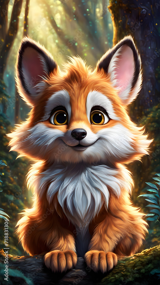 Obraz premium Cute little puffy animal in the magical forest