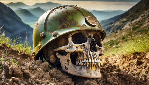 Closeup of a human skull with army helmet abandoned in a muddy trench. Mountain landscape on background. Generative Ai.