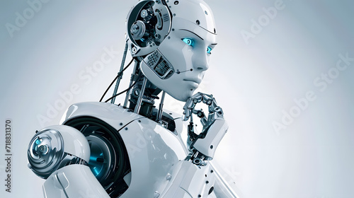 Photo of white detailed robot with blue eyes simulating a thought process on white background. Technological concept © CozyDigital