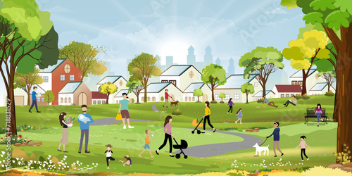 Ecology and Environment background,Spring landscape with lifestyle of People relaxing in nature City park,Modern house with solar panels and Blue sky cloud in sunny day Spring or Summer