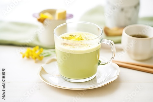 matcha latte in a clear mug, layered milk and matcha visible