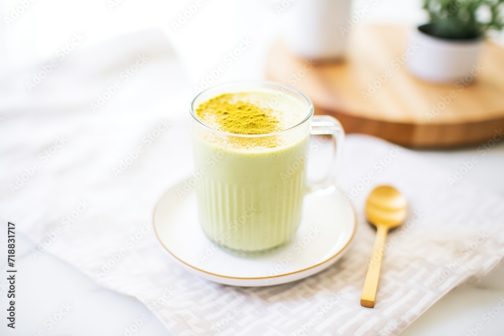 a frothy matcha latte with a sprinkle of matcha powder on top