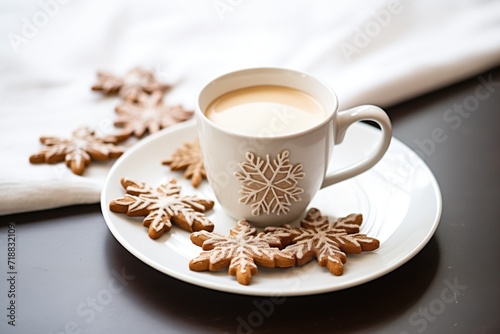 gingerbread latte with a side plate of gingerbread cookies shaped like snowflakes