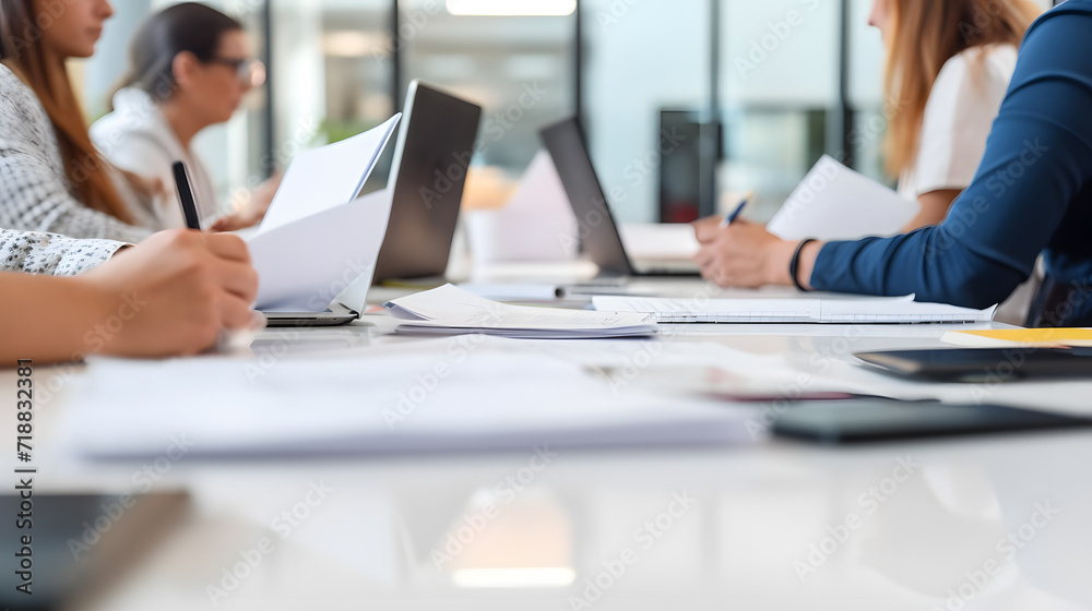Company of colleagues or businessmen work together using documents and various office supplies. Side photo Company of colleagues or businessmen work together using documents and various office supplies. Side photo