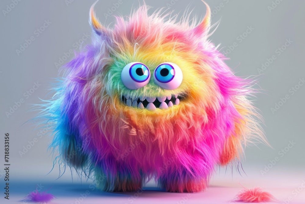 Cute multicolored furry monster 3D cartoon character.