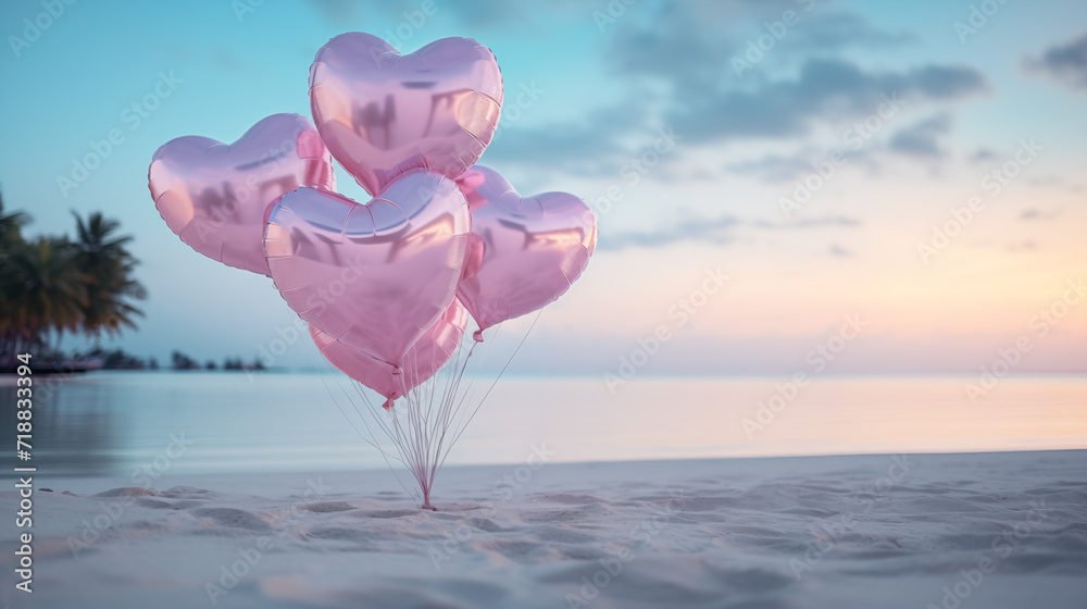 Fototapeta premium Pink heart balloons bouquet. Happy Valentine's day concept. AI generated image.