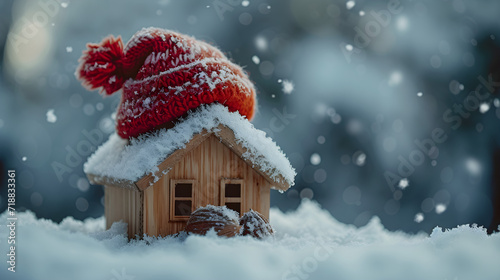 A wooden toy house in the snow in winter is covered with a hat and wrapped in a scarf the concept of keeping warm, generative ai,