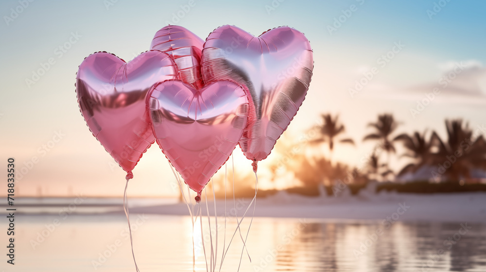 Fototapeta premium Pink heart balloons bouquet. Happy Valentine's day concept. AI generated image.