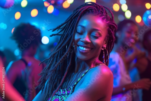 Beautiful young African woman dancing on party