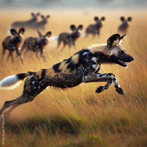 African Wild Dog gracefully navigating the savannah grassland  sprinting through the growth in a captivating display of wildlife in action.