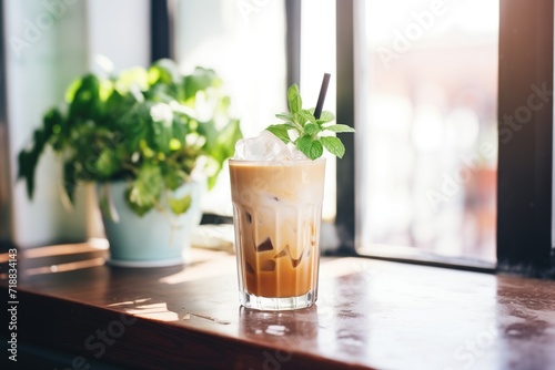 iced chai latte in sunlight by fresh potted mint