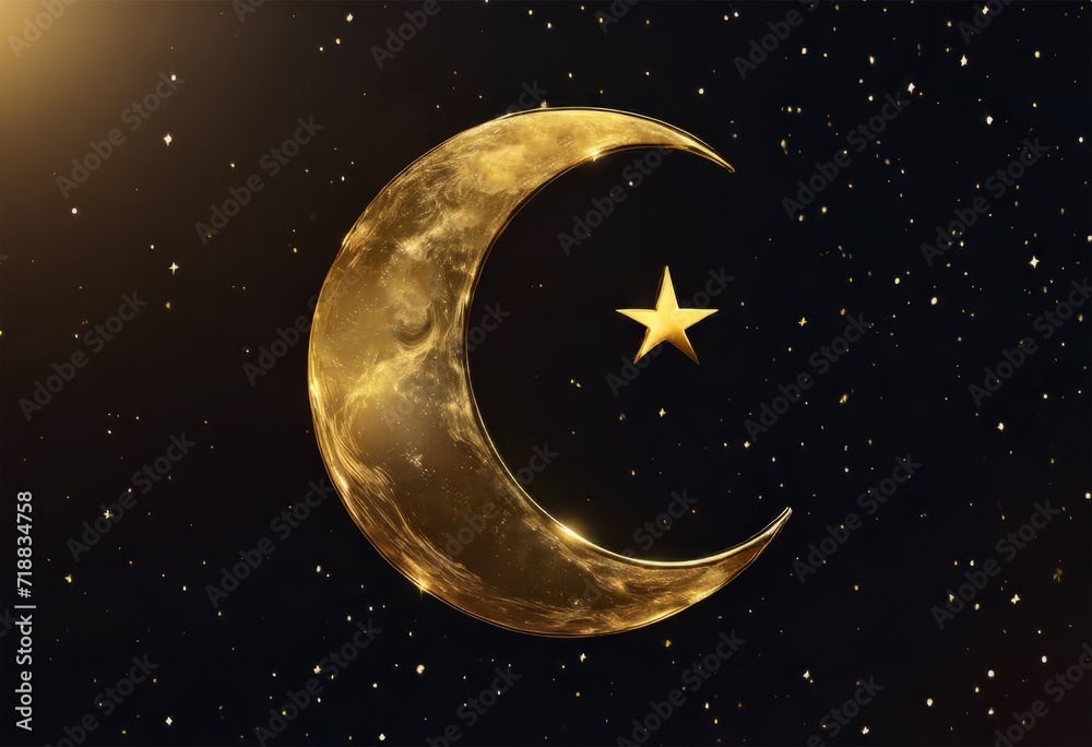Naklejka premium Golden Crescent Moon With Stars in the Sky for Eid al-Fitr Background