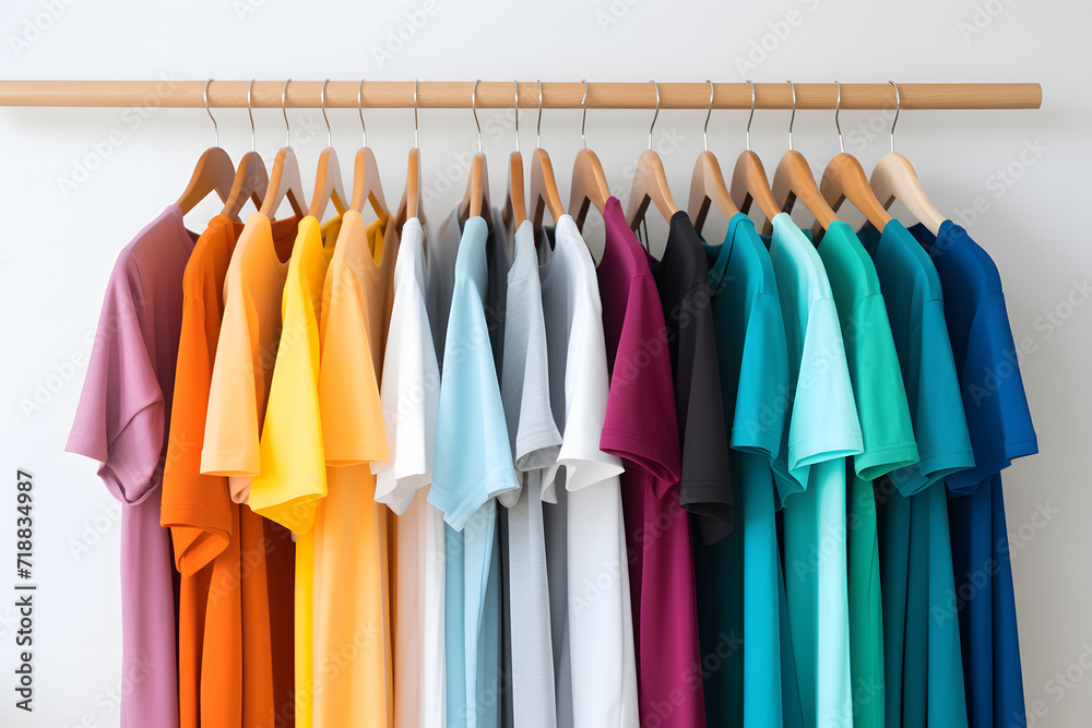 Photo of rack of T-shirts of different colors hanging on hangers. Fashionable and varied clothing concept