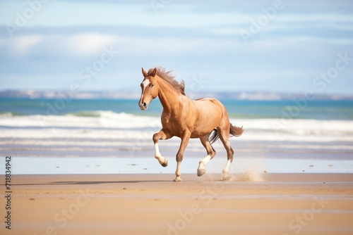 action shot of a horse cantering on a sandy beach trail