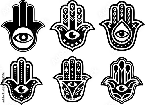 Hamsa hand set, Hand of Fatima, amulet, symbol of protection from devil eye. Decorative pattern in oriental style for interior decoration and henna drawings.Multipurpose high HD resolution. photo