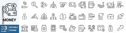 Finance line web icons Money and Coins. Cash, Credit Cards, Money Bag, Containing banking, Investment, income, accounting, money, loan. Editable stroke.