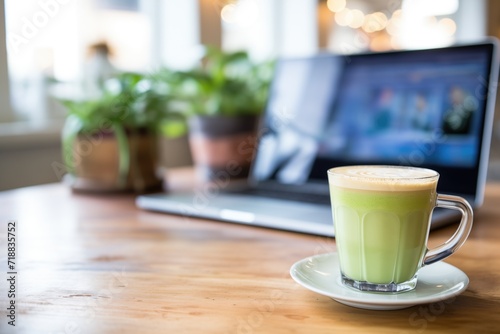 laptop opened beside a steaming matcha latte at work desk