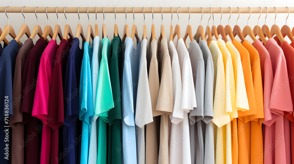Photo of rack of T-shirts of different colors hanging on hangers. Fashionable and varied clothing concept