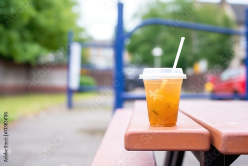 iced herbal tea in a takeaway cup with a sip lid on a park bench