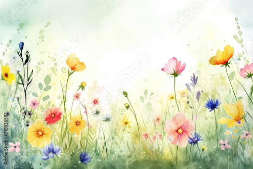 Watercolor Meadow at Dawn. A serene watercolor meadow with wildflowers at dawn. © Oksana Smyshliaeva