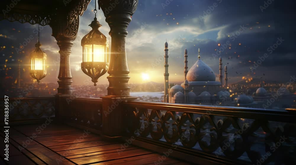 Ramadan decoration with arabic lantern and mosque. Seamless looping video animation background