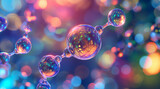 Shimmering molecular structure with translucent spheres against a vibrant, multicolored bokeh background