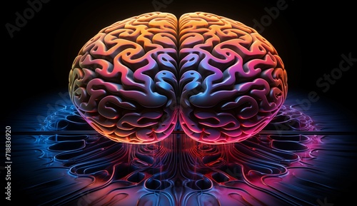 Vividly illuminated human brain with neon pink and blue lighting reflected on a dark surface
