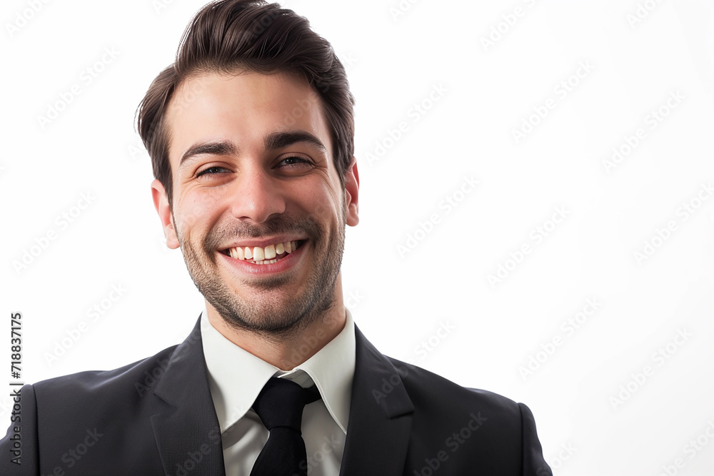 closeup of happy young businessman in black suit on isolated white background closeup of happy young businessman in black suit on isolated white background