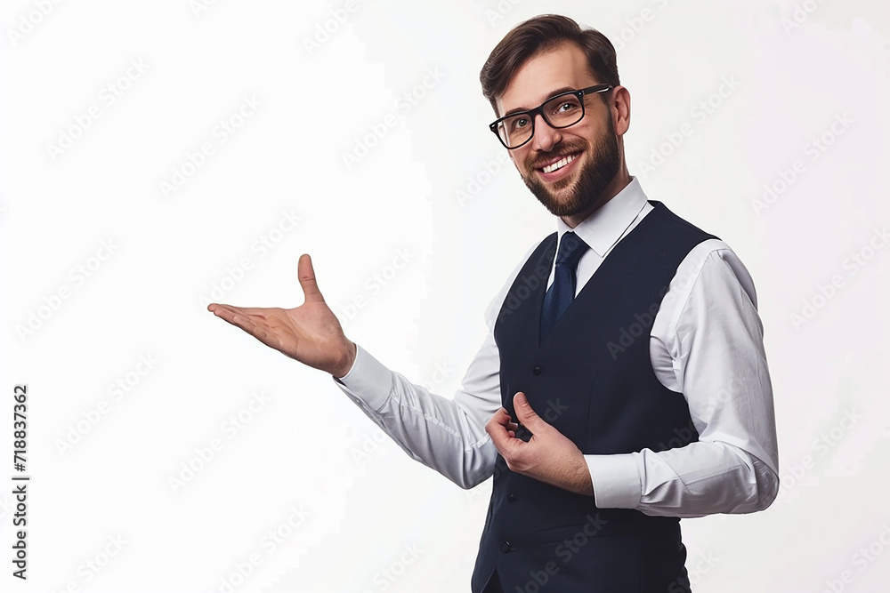 portrait of happy young businessman presenting and showing on isolated white background portrait of happy young businessman presenting and showing on isolated white background