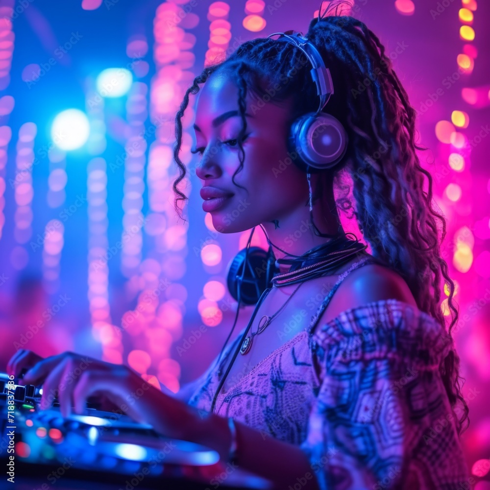 Young Afro-American DJ woman in night club Young Afro-American DJ woman in night club