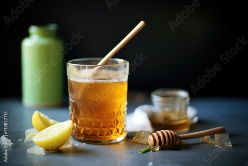 closeup of iced tea, a honey dipper beside the glass
