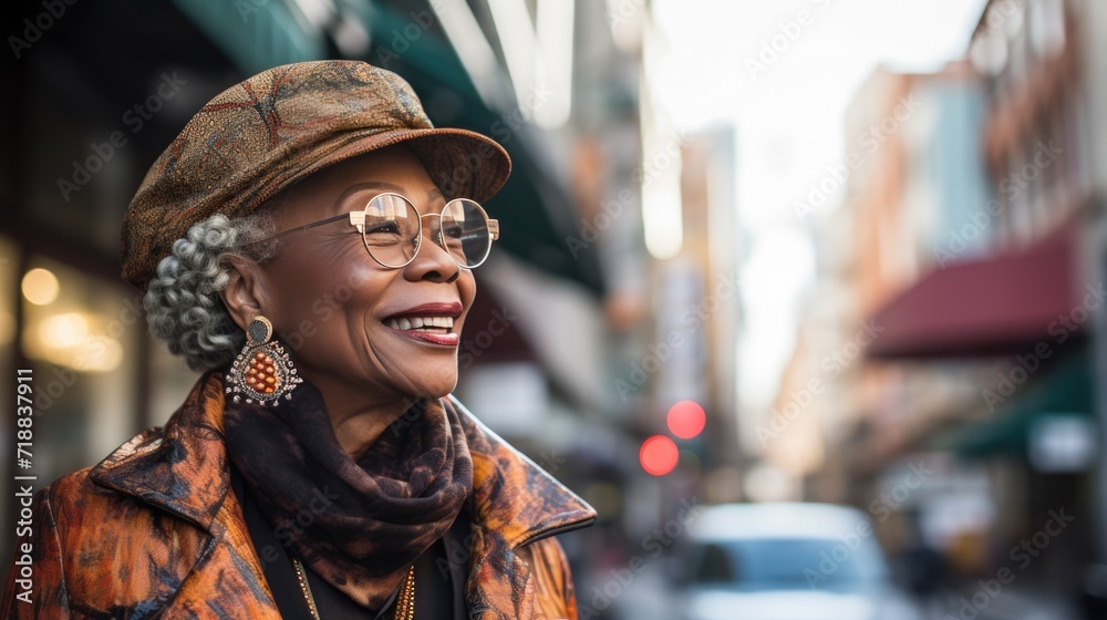 Chinatown Chronicles: Joyful Moments on Urban Streets. Joyful African American woman experiencing the vibrancy of Chinatown.